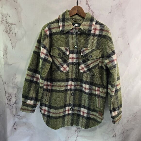 Roots Shirt Jacket Womens Small Wool Green Plaid Button Up Shacket Oversized - Picture 1 of 11